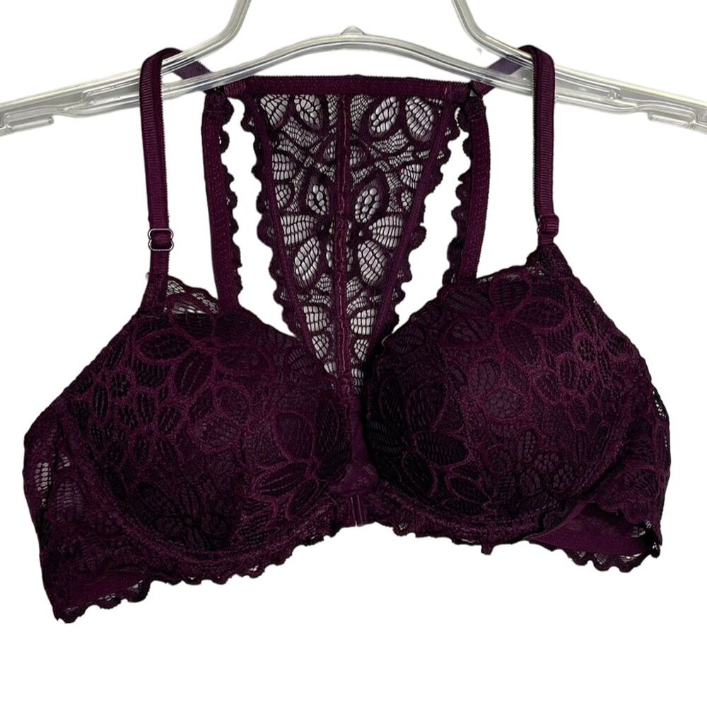 Victoria's Secret PINK Lace Racerback Bra 36B Purple Front Closure Underwire